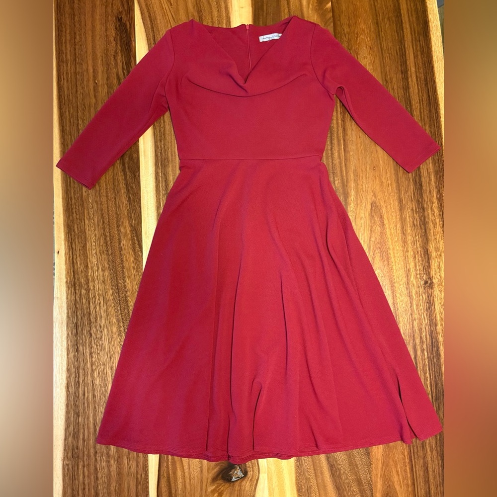 Red Cowl Neck A-Line Dress with 3/4 Sleeves for Cocktail